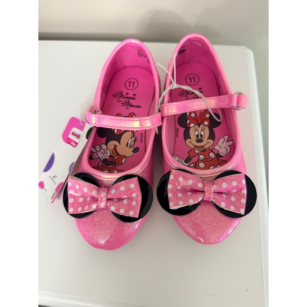Disney Minnie Mouse Mary Jane Flats Girls Size 11 Pink Glitter Bow NWT